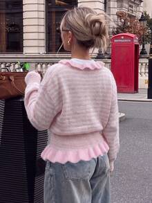 Women's Pink Striped Knit Cardigan, Vintage Elegant Ruffle V-Neck, Autumn Outfit, Suitable For Party & Gathering & Commute Wear. - Pink - View 9