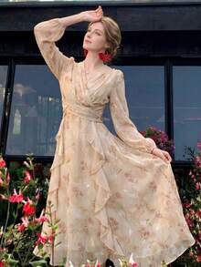 Elegant French Style Gold Foil Floral Print V-Neck Long Sleeve Ruffle Hem Wrap Midi Dress For Fall Wedding Guest & Evening Party - Multicolor - View 6