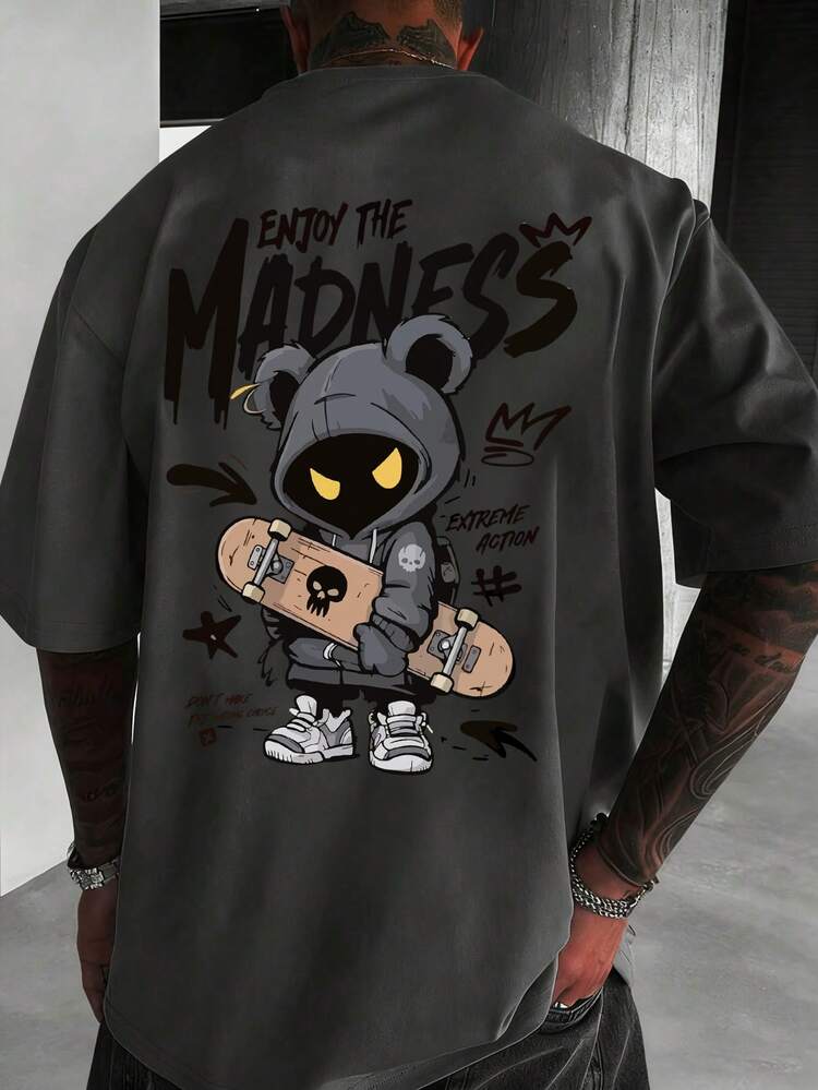 Men's Summer Fashion Mischievous Bear Print Crew Neck Snowflake Print Short Sleeve T-Shirt - Dark Grey - View 1