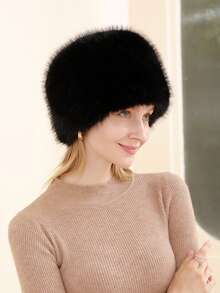 1PC Solid Color Elegant Casual Polyester Faux Fox Fur Round Top Flat Top Bucket Hat For Women, Warm, Versatile, Face-Slimming, Winter - Multicolor - View 1