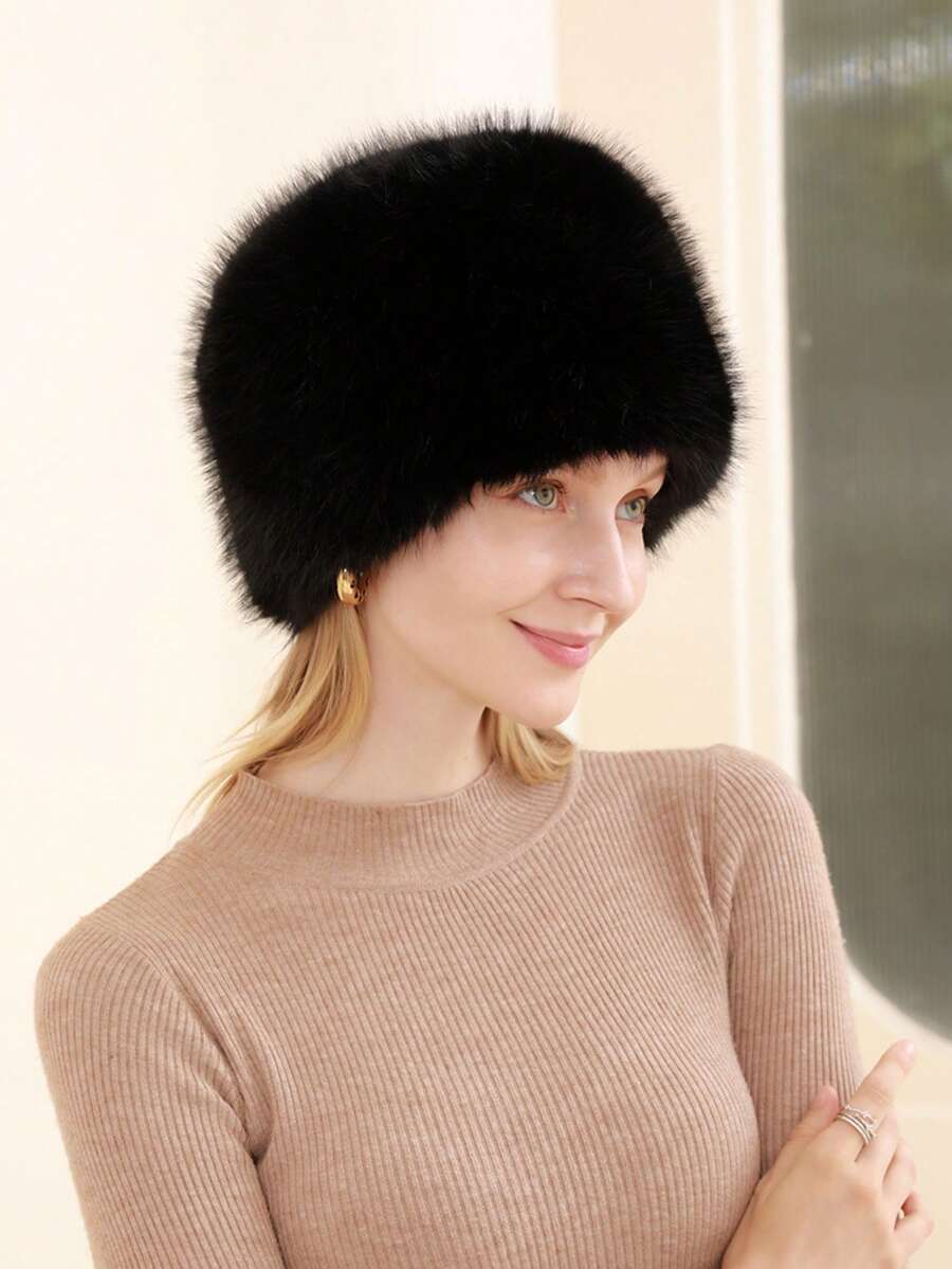 1PC Solid Color Elegant Casual Polyester Faux Fox Fur Round Top Flat Top Bucket Hat For Women, Warm, Versatile, Face-Slimming, Winter - Multicolor - View 1