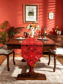 HXARTMIS 1 Buah Taplak Meja Bordir Poinsettia Merah Natal, Dekorasi Meja Makan Liburan Natal Berenda Berongga, Cocok Untuk Restoran, Pesta Dan Dekorasi Rumah - Merah - View 4