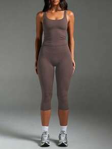 Women's Casual Sports 2 Pieces Set, U-Neck Backless Sleeveless Tank Top With Removable Padded Cups, High-Waisted Slim-Fit Capris, Suitable For Yoga, Running, Outdoor Sports - Brown - View 5