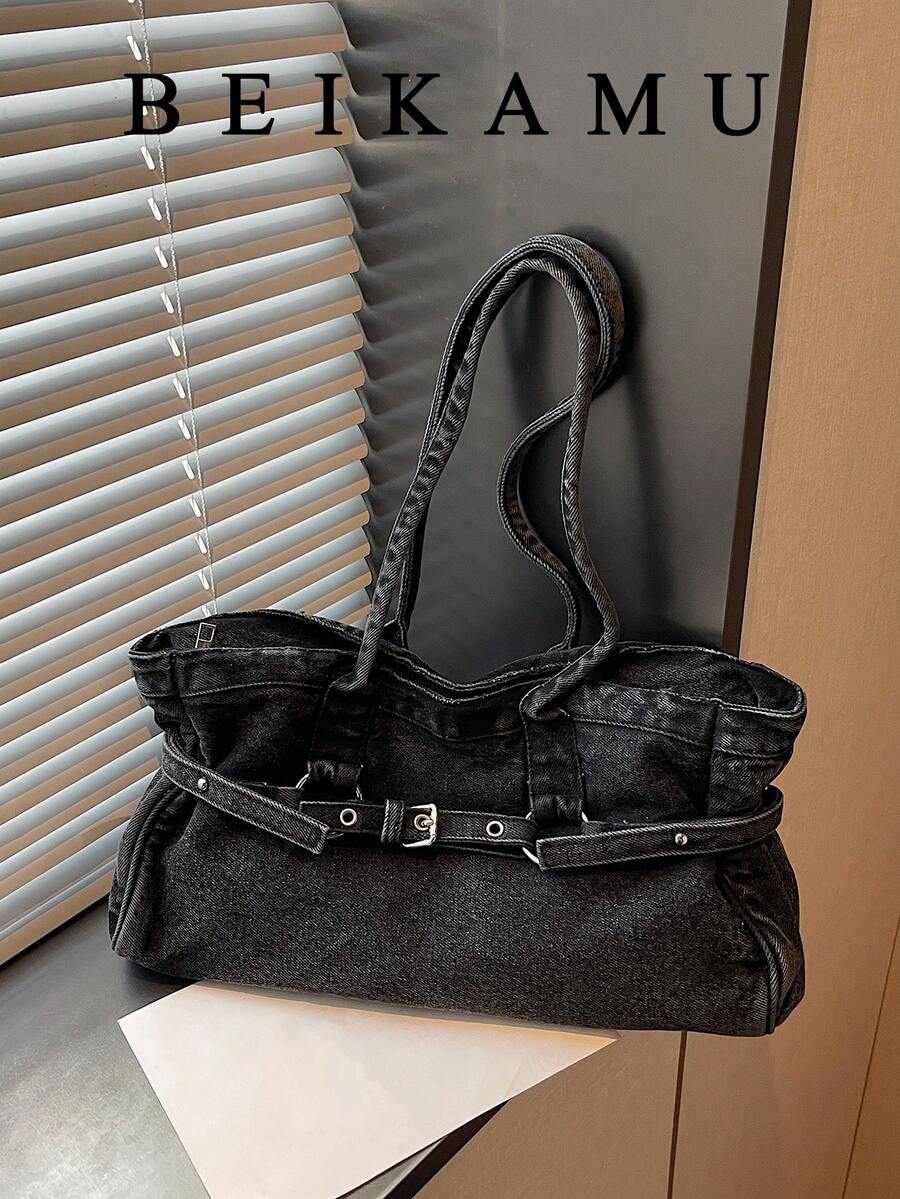 Fashionable Vintage Black Underarm Large Bag, Unique Buckle Design Women's Bag, Relaxed Street Style Shoulder Tote Bag, Suitable For University, Commuting, Shopping, Strolling, Daily Use. - Black - View 1