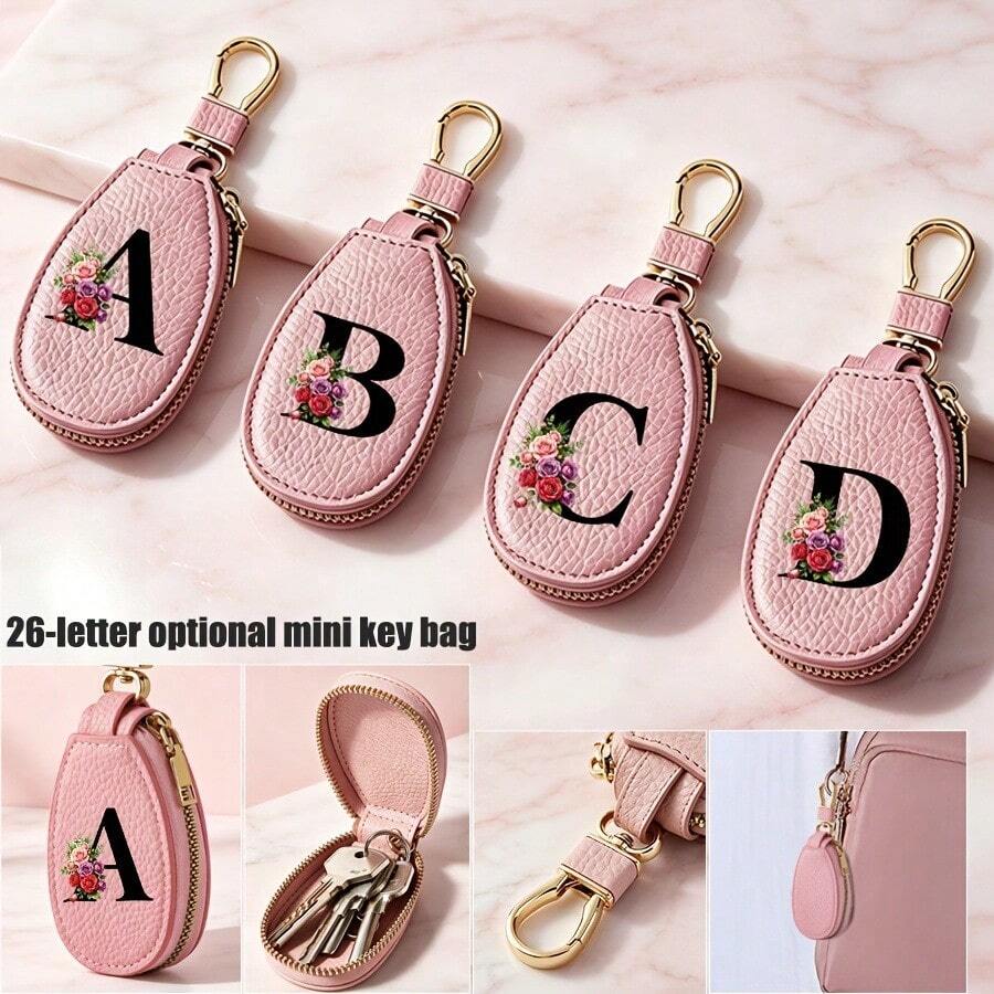 Black Letters A-Z Car Key Protection Cover PU Key Bag Mini Car Key Bag Key Ring Wallet Zipper Charter Keychain Male And Female Universal Key Ring Gift - Multicolor - View 1