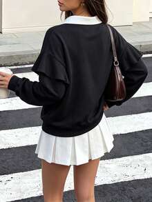 Women Fall Elegant Collared V Neck Long Sleeve Sweatshirt, Ruffle Detail, Loose Pullover Top For Holiday Festival Daily Outfit - Black and White - View 2