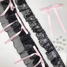 Pita Renda Elastis Berkerut, Pita Renda Berkerut Dua Lapis Elastis Hitam, Cocok untuk Menjahit Pakaian Buatan Tangan DIY, Pita Balap, Hiasan Rambut untuk Acara Kedewasaan - 1 yard renda + 20 buah pita 17cm - View 10