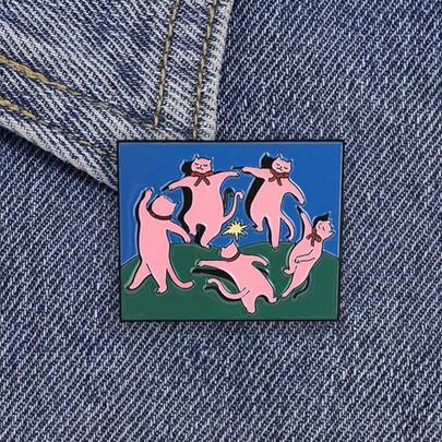 Happy Dancing Cat Badge - Blue And Green Background With Pink Cat And Red Bow Enamel Badge. Vintage Art Student Style Collection Badge, Suitable For Collecting.