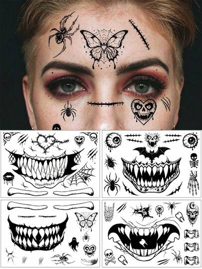 4 Sheets, Halloween Face Tattoo Stickers, Black Mouth Skull Spider Pattern, Temporary Face Mouth Makeup Tattoos For Party