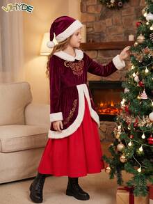 Vihyde Tween Girls Christmas New Arrival 2 Pieces Outfit, Luxe Velvet Faux Fur Trim Gold Embroidery Midi Dress With Christmas Hat Set - Burgundy - View 2