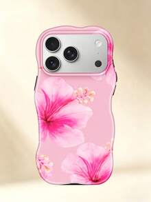 KOOLIFE 1pc Tropical Floral Wavy Border Shockproof Phone Case, TPU+PC 2-In-1 Dual Layer Anti-Scratch Glossy Protective Shell, Hibiscus/Lily/Oil Painting Floral Pastoral Style Ins Summer Bohemian Fashion Design, Raised Camera Bezel, Holiday Gift Phone Case, Compatible With Apple 18/17/17 Pro/17 Pro Max/16/15/14/13/12/11 - Pink Hibiscus - View 1