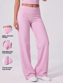 Never me Women's High Waist Straight Leg Wide Leg Yoga Pilates Sports Pants For Daily Commute - Pink - View 3