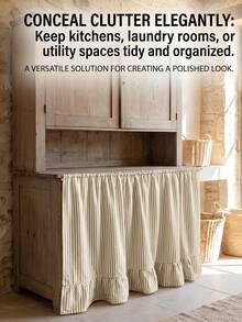 1/2pcs Green Striped Farmhouse Style Ruffle Trim Cabinet Curtains, Brown Striped Pleated Short Curtains For Bathroom, Kitchen Sink, Home, Classroom, Farmhouse, Country, Under Table Privacy, Laundry Room - Green - View 4