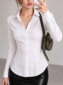 Women's White Slim Fit Button Down Shirt Long Sleeve Formal Office Work Blouse - White - View 1