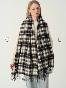 1pc Women's Vintage Fashionable Dual-Color Plaid Casual Versatile Polyester Scarf, Warm For Autumn/Winter Daily Wear - Khaki - View 1
