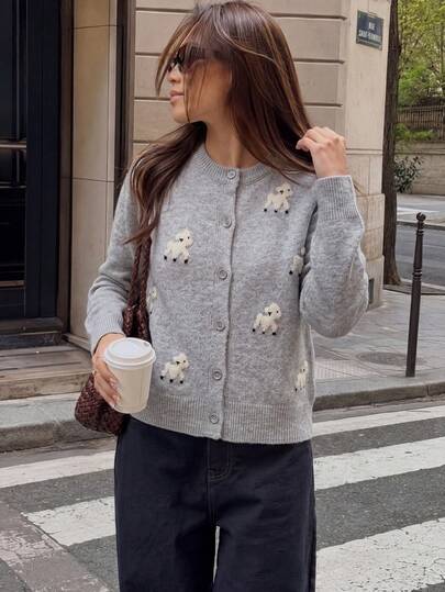 JIANHU Cute Lamb Pattern Knitted Cardigan Sweater, Winter Essential | Comfortable Soft Wool Blend Button Front Cardigan | Holiday Gift | Pastoral Style Daily Warm Clothing