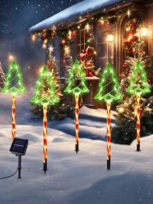 1Set(5Pcs) Green Solar Christmas Tree Stake Lights, LED Candy Cane Ground Plug Lamps, Waterproof Outdoor Pathway Landscape Lights For Yard Lawn Patio Xmas Holiday Decor - Multicolor - View 7