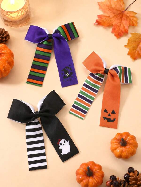 3pcs Halloween Bow Hair Clips For Girls, Witch Hat Bat, Pumpkin Face, Ghost Printed Pattern Barrettes, Party Daily Hair Accessories
