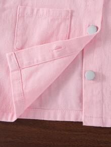 Baby Girl Casual Cute Minimalist Fashion Front Pocket Metal Button Open Front Small Collar Long Sleeve Pink Denim Jacket Top Autumn/Winter - Pink - View 6