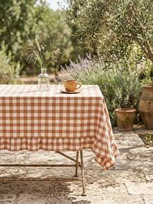 1pc Brown And White Large Plaid Ruffle Edge Tablecloth, Rustic Country Style Rectangular Same-Color Ruffle Edge Pleated Detail Decorative Functional Dining Tablecloth Suitable For Family Gatherings And Rustic Home Decor Scenes - Khaki - View 8
