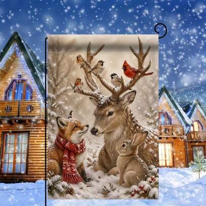 2D Flat Garden Flag 1pc, Winter Deer Herd And Animal Close-Up Single-Sided Polyester Material Garden Flag, Holiday Yard Outdoor Flag, Suitable For Outdoor Home And Yard Holiday Decoration, Christmas, Thanksgiving, Halloween, Flag Pole Not Included (Flag Only)