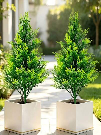 2pcs/Set Artificial Christmas Tree, 48cm/18.89in Needle Leaf Tree Pine Cedar, With Ground Stake, Suitable For Yard Landscaping, Home Decor, Living Room, Porch, Garden, Corner, Bedroom, Road, Dining Table Decoration, Balcony Decoration Party Supplies, Autumn Winter Decoration
