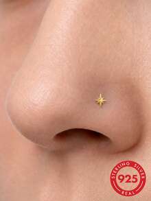 1Pc 925 Sterling Silver Eight-Pointed Star Nose Stud Hypoallergenic Cartilage Body Piercing Jewelry Nose Rings For Women Men Daily Wear & Gifts - Gold - View 1