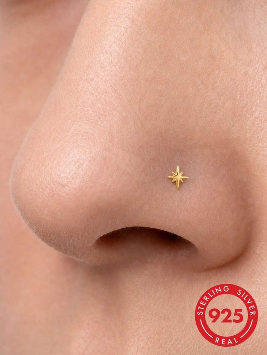 1Pc 925 Sterling Silver Eight-Pointed Star Nose Stud Hypoallergenic Cartilage Body Piercing Jewelry Nose Rings For Women Men Daily Wear & Gifts - Gold - View 1