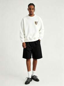 Men's Spring/Autumn Minimalist Leopard Print & Letter Crew Neck Long Sleeve Sweatshirt And Shorts Casual Set - Black and White - View 2