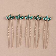 5pcs Bridal Hair Pins Hair Accessories Rhinestone Bun Decoration Hair Sticks - Green - View 3