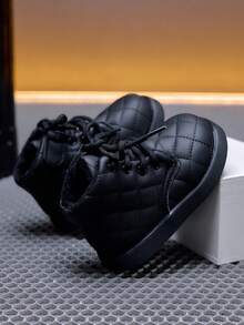 Children's Quilted Diamond Pattern Ankle Boots For Girls Lace-Up Thermal Lined Thick Sole Anti-Slip Casual Shoes For Autumn/Winter - Black - View 5