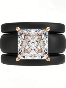 Set Cincin Silikon 3 Buah dengan Batu Zirkonia Potongan Persegi, Cocok untuk Pemakaian Sehari-hari, Pernikahan, Hari Valentine, Ulang Tahun, dan Acara Pemberian Hadiah. - Cincin silikon hitam dan putih - View 15