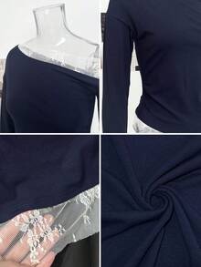 Kaos Lengan Panjang Bahu Asimetris Patchwork Renda Terbaru Musim Gugur, Atasan Slim Fit yang Manis & Seksi dan Menawan - Navy Blue - View 7
