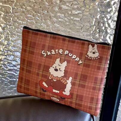 1pc Vintage Brown Plaid Skateboard Puppy Pencil Case, American Cartoon Print With Strong Atmosphere, Durable Fabric With Sturdy Construction, Smooth Zipper Closure, Large Capacity Interior To Store Various Writing Utensils, Sticky Notes And Small Items. Cute West Highland Terrier Image With Lively And Eye-Catching Design, Vintage Color Tone With Autumn/Winter Texture, Suitable For School Learning Scenarios And Can Also Be Used As A Makeup Bag For Organizing Beauty Products, Combining Aesthetics And Practicality, Perfect For Personal Use Or As A Unique And Heartwarming Gift For Friends