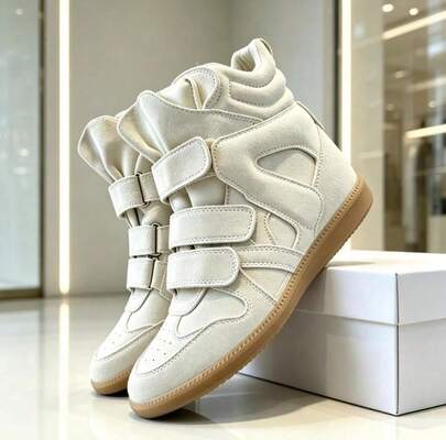 ISA Women's Black Khaki White Suede Hidden Wedge Sneakers High Top Strap Inner Height Increasing Platform Bekett Casual