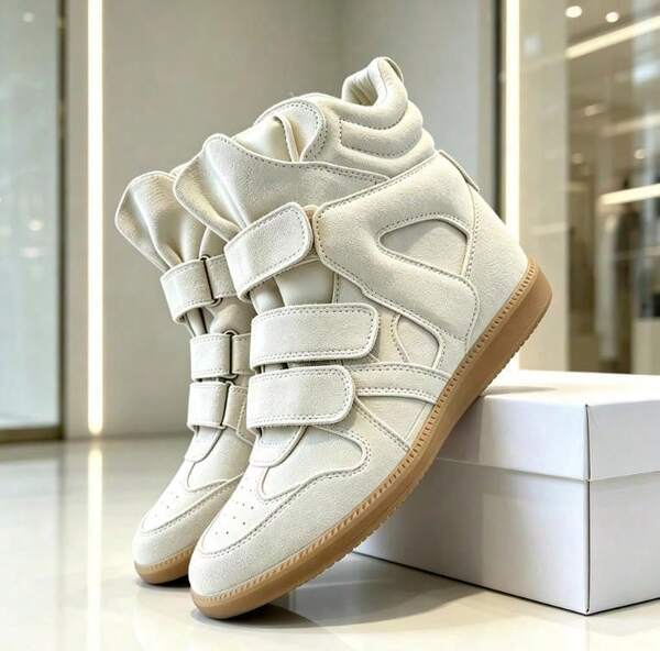 ISA Women's Black Khaki White Suede Hidden Wedge Sneakers High Top Strap Inner Height Increasing Platform Bekett Casual