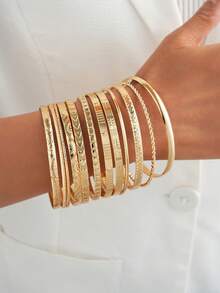 12pcs Elegant Casual Printed Heart Chain Bracelets For Women, Vacation Date Birthday Holiday Gift, Personalized Fashion Versatile - Yellow Gold - View 1