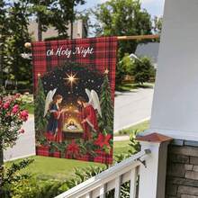 1件 Oh Holy Night 聖誕馬槽花園旗，紅黑水牛格紋天使星星一品紅雙面印花宗教聖誕庭院裝飾，不含旗桿 - 紅黑水牛格紋 - 查看 3