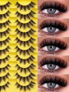 10 Pairs Natural Fluffy Extended Outer Corner False Eyelashes, Soft Natural Lash Strips, Transparent Stem, D Curl, Reusable, Suitable For Daily Wear, Dates And Party Occasions - Black - View 1