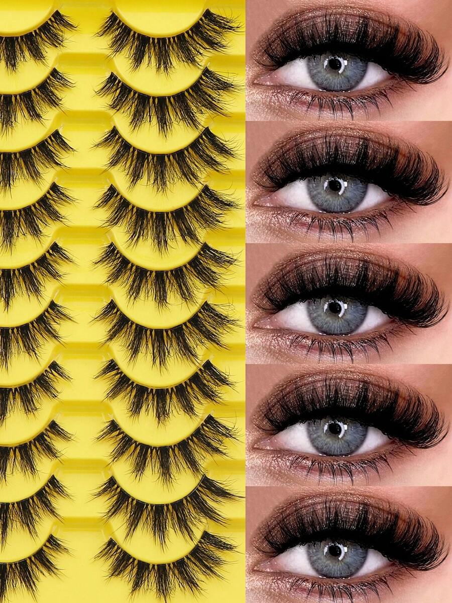 10 Pairs Natural Fluffy Extended Outer Corner False Eyelashes, Soft Natural Lash Strips, Transparent Stem, D Curl, Reusable, Suitable For Daily Wear, Dates And Party Occasions - Black - View 1