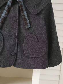 Young Girls Autumn/Winter Vintage Reversible Wool Blend Heart Pocket Crew Neck Jacket + Detachable Large Lapel Plaid Bow Tie Casual Jacket - Grey - View 5