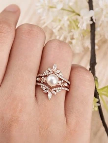 3Pcs Set Women's Round Pearl Cubic Zirconia Stackable Rings, Suitable For Wedding, Engagement, Anniversary, Party Wear, Valentine's Day Gift. No Box. - Rose Gold - View 2