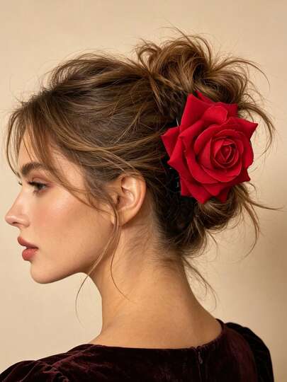 1PC French Vintage Large Rose Flower Claw Clip, Premium Fabric Floral Hair Claw, Women's Date & Party Styling Hair Accessory