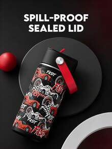 Meoky 12oz Sports Water Bottle, Single-Opening Hard Straw With Handle, Cartoon Print Portable Travel Cup, Suitable For Outdoor, Gym, School, Commute And Daily Use (Black & Red Racing Style) - Black and Red Racing - View 5