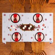 1pc Christmas Poinsettia Holly Leaf Snowflake Print Rectangular Tablecloth, Suitable For Holiday, Party, Birthday, Dinner, Restaurant Table Decor, Christmas Home Autumn/Winter Decoration - Multicolor - View 4