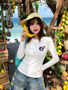 Y2K Fitted Square Shoulder T-Shirt For Women, Autumn Long Sleeve Simple Letter Print Crew Neck Top - White - View 5