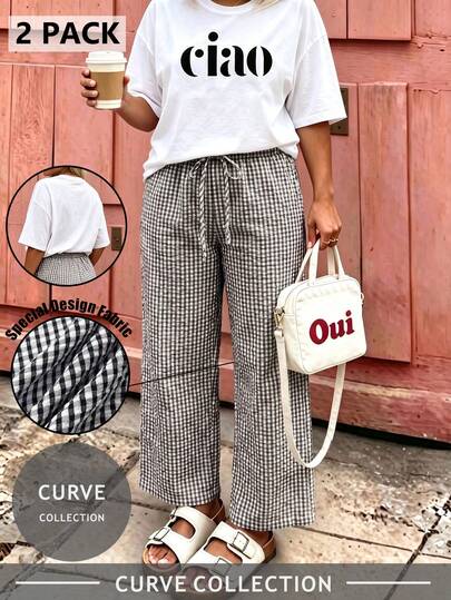 Plus Size Women's "Ciao" Slogan Graphic Print T-Shirt + Plaid Wide Leg Pants 2-Piece Set, Valentine's Day Essential, Music Festival Outfit, Casual Vacation Wear, 2026 Autumn