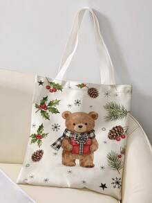 1pc Little Bear Print Canvas Tote Bag, Large Capacity Hand‑Held Shoulder Bag,Reusable Shopping Bag For Music Festival Party Daily Packing Books - Multicolor - View 2