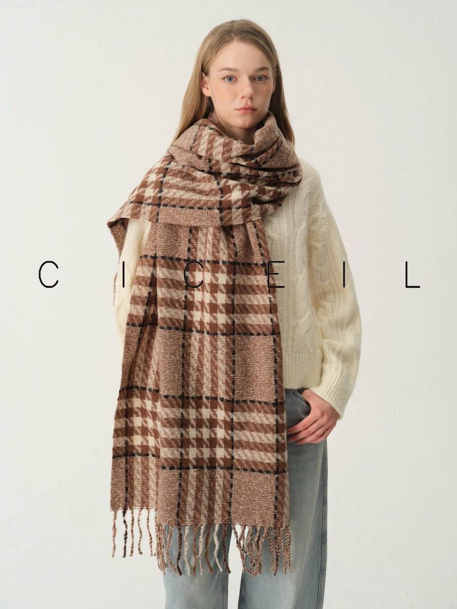 1pc Women's Fashion Versatile Plaid Multicolor Patchwork Polyester Scarf, Warm For Autumn/Winter, Daily Wear - Blue Camel - View 1
