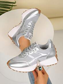 SOCTU Women's Round Toe Colorblock Fashion Lace-Up Thick Sole Student Style Height-Increasing Casual Comfortable Running Sports Shoes - Silver - View 1